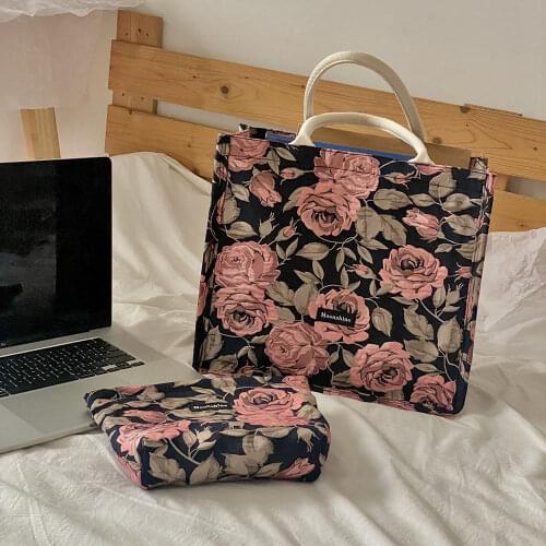 Retro Design Womens Large Capacity Tote Bag Rose Jacquard Ladies Shoulder Bags Vintage Flower Female Shopper Bag Handbags Purse