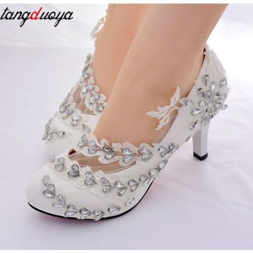Flower wedding shoes bride white lace high heels woman pumps women shoes high heel crystal shoes for evening party shoes ladies