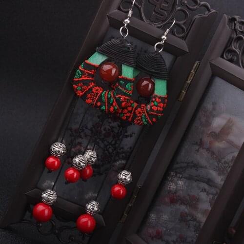 Big star handmade Chinese wind traditional vinatge wood stone dangle earrings ,New embroidery lace Ethnic statement jewelry