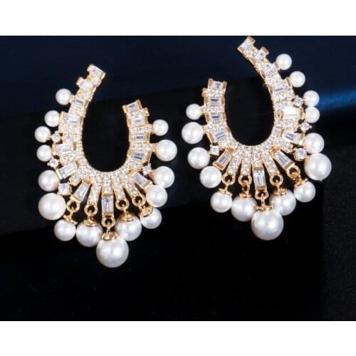 ThreeGraces Luxury Design White Cubic Zirconia Gold Color Simulated Pearl Drop Earrings for Women Engagement Jewelry Gift ER414