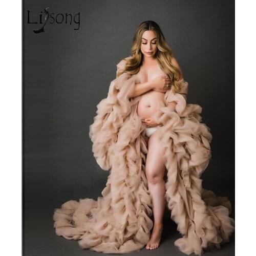 Champagne See Thru Tulle Maternity Robe Women Dresses Photography Full Sleeves Puffy Ruffles Tulle Dress Robes for Photo Shoot