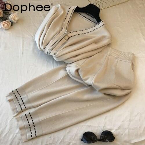Spring 2021 New Womens Long-sleeved Knitted Zipper Trim Design Sweater Trousers Two-piece Fashion Suit