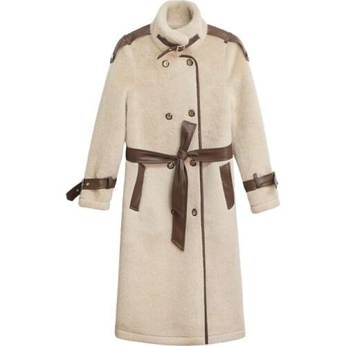 PERHAPS U Women Beige Solid Coat Turn Down Collar Faux Fur Lambswool Sash Blet Double-breasted Pocket C0532