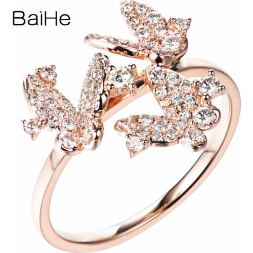 BAIHE Solid 14K Rose Gold 0.39ct H/SI Natural Diamond Engagement Women Trendy Fine Jewelry Beautiful butterfly diamond Gift Ring