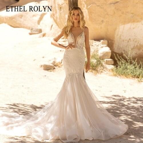 ETHEL ROLYN Mermaid Wedding Dress 2021 Charming Backless V-Neck Spaghetti Straps Bride Beaded Lace Appliques Bridal Gown