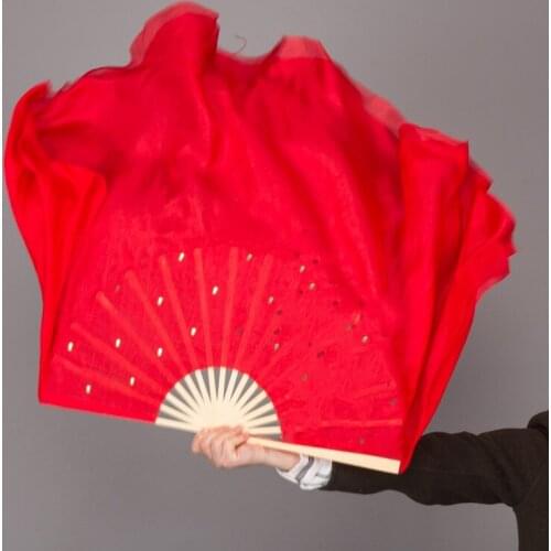 1 Pair Solid Red Sequin Short Fan Veil China Traditional Hand Made Bamboo Folding Fan Women Bellydance Silk Veils 86cm