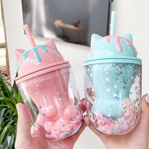 Water Bottle Cute Personality Cat Paw Plastic Cup Cute Cartoon INS Photo Posing Creative Straw Cup Gift Office School Home