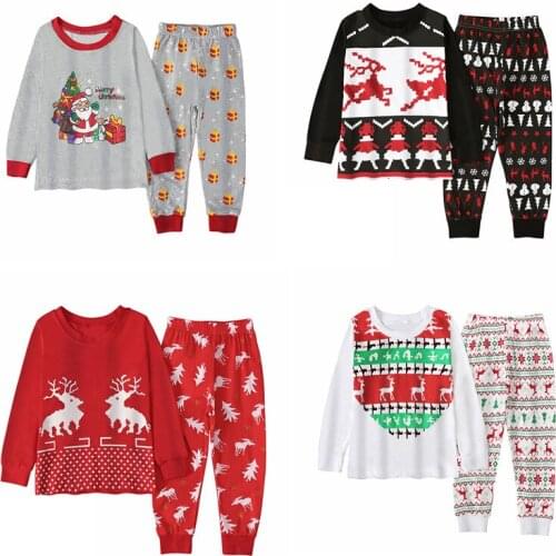 Children’s Christmas Pajama Sets Long Sleeve Tops Outfit Deer Print T-shirt Elastic Long Pants Baby Girls Boys Suits 1-7Y