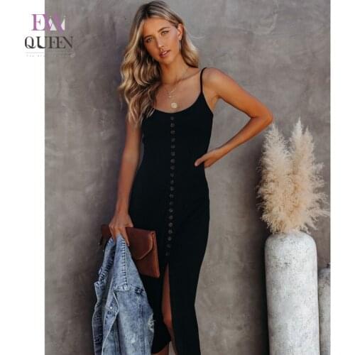 EvaQueen Solid Button Black Midi Dress Women High Split Patchwork Bodycon Dresses Spaghetti Strap Backless Sexy Party Vestidos