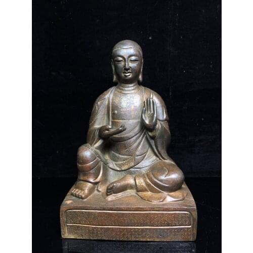 9"Chinese temple collection Old Bronze Cinnabar Lacquer Guru Buddha Statue Buddhism always Tibetan Buddha Ornaments Town House