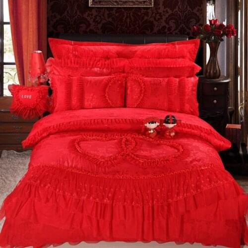 Red Pink Lace Luxury Wedding Bedding set King Queen Bed set Decoration Duvet cover Bedspread Pillowcase linge de lit funda cama