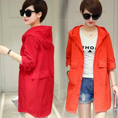 Womens Jackets 2020 New Summer Thin Coat Hooded Causal Windbreaker Female Basic Jackets Long Coats Lightweight Outerwear P806