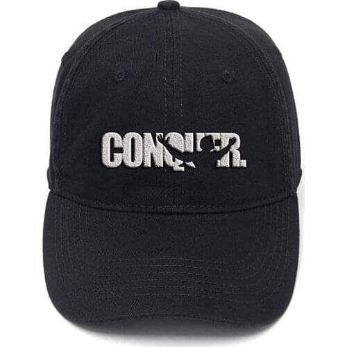 Lyprerazy Arnold Quote Conquer Pose Washed Cotton Adjustable Men Women Unisex Hip Hop Cool Flock Printing Baseball Cap