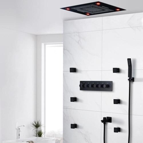Bathroom Matt Black Shower Set Thermostatic Shower Faucets Modern Concealed LED Ceiling Large Rain Waterfall Shower Head System