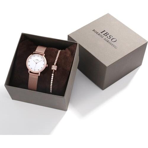 IBSO Womens Watches Set 8mm Ultra thin Rose Gold Mesh Stainless Steel Strap Quartz Clock Hours Sets Ladies Relogio Masculino