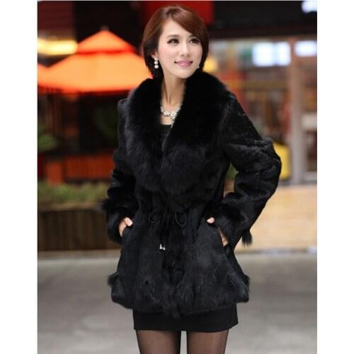 2014 New genuine rabbit fur coat with fox fur collar Women long fur jackert winter thick coat big size 5XL Free shipping