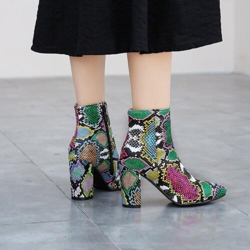 Ochanmeb Boots Women Heels High Ankle Boots Snake Print Shoes Female Shoes Ladies Python Snake Print Boot Winter Plus Size 46