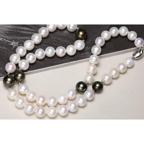 Charming 11-12mm round white black pearl necklace 22inch