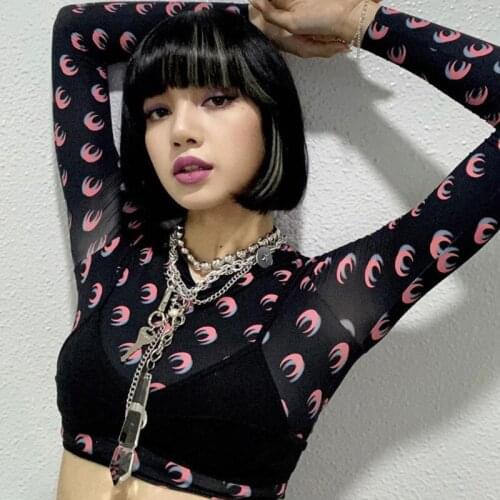 Autumn Winter Harajuku Sexy Sling Fashion Moon Print T-shirt 2-piece Set Female O-neck Long Sleeve Gothic Cool Girl T-shirt