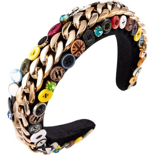 New Design Button Headbands For Women Sponge Chain Hairband Baroque Fashion Headdress Colorful Hair Accessories