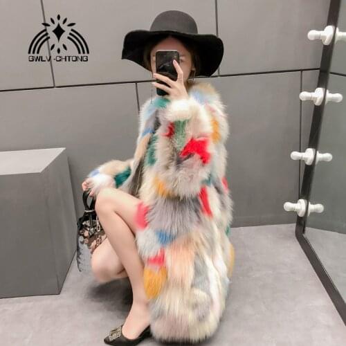 New real genuine natural multi-color fox fur coat women fashion colorful long jacket outwear custom any size