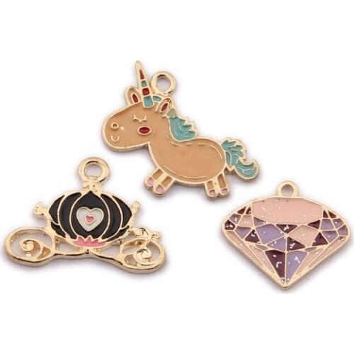 10pcs/lot Cartoon Unicorn Crown Diamond Charms Pendant Enamel Metal Small Charms Necklace Bracelet DIY Jewelry Making Accessory