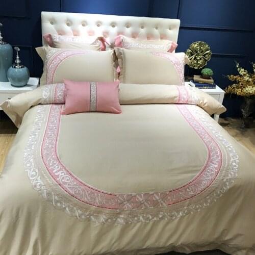 Beige pink 120S Egyptian cotton Embroidery Royal Bedding sets Queen King Wedding Duvet cover Bed sheet set Pillowcases 4/6pcs