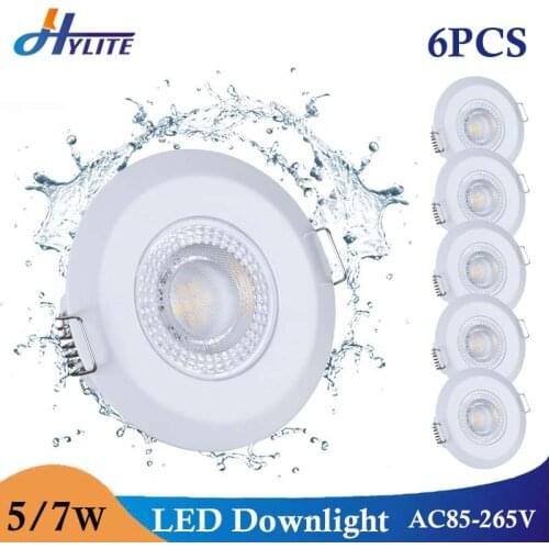 6PCS Waterproof 5W 7W LED Recessed Downlight Ultra Thin Bathroom Lamp Dimmable Round Driveless Ceiling Lighting AC 85-265V
