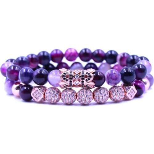 8mm 2PCS/Set xg34 gold elastic adjusted nature Purple bead micro pave cz zircon cubic zirconia tube Bracelet Jewelry