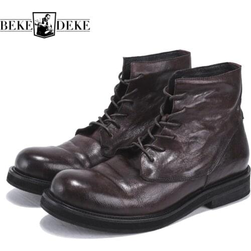 Genuine Leather Retro Work Boots Men Winter Sneakers Lace Up Luxury Trainers British High-Top Ankle Riding Boots Casual Shoes