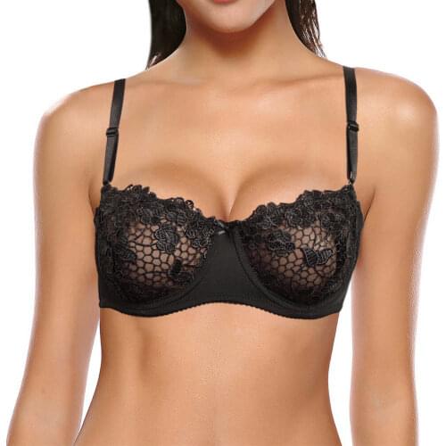 Vgplay Black Sexy Lace Mesh Lingerie Unlined Embroidery Floral Women Bra Underwire Half Cup See Through Underwear