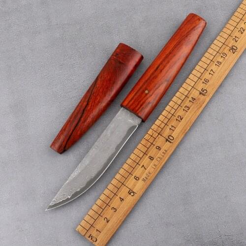 Handmade Short Katana Damascus Steel Dalbergia Wooden Handle Tactical Outdoor Mountaineering Hunting Defensive Hand Tool Knife