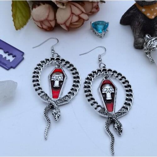 European and American Halloween Snake Accessories Goth Punk Skull Blood Red Coffin Cross Pendant Earrings Wholesale