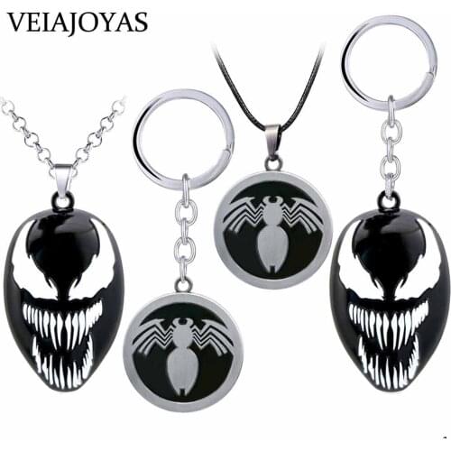Movie Dark Spiderman Venom Pendant Necklace Black Alloy Mask Key Chain sleutelhanger llaveros Charm Choker Jewelry DropShipping