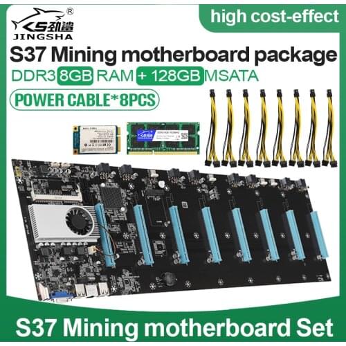 Mining Motherboard Kit with 8 GPU (65mm Interval) and CPU DDR3 Memory with 8GB DDR3 1600MHz RAM 128GB mSATA SSD 8*Power Cable