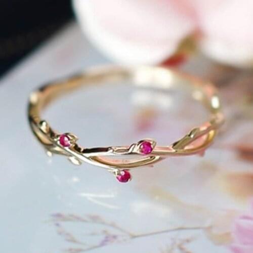 Cute Mini Grass Design ring Little Red Flower Stone Accessories Golden Color Band For Woman Nobility Finger Embellish Bijoux