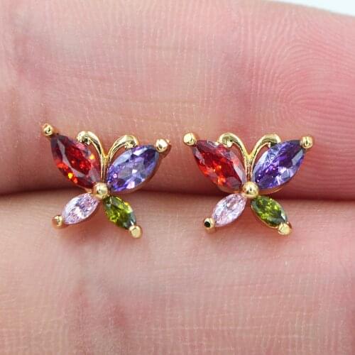 Fashion Women Gold Color AAA+ Cubic Zirconia Cute Multicolor Flying Butterfly CZ Stud Earrings Jewelry