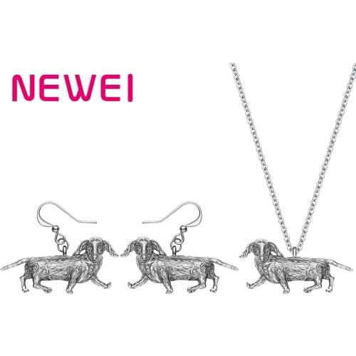 Newei Alloy Plated Antique Gold Dachshund Dog Jewelry Sets Lovely Animal Earrings Necklace Jewelry For Women Kid Festival Gift