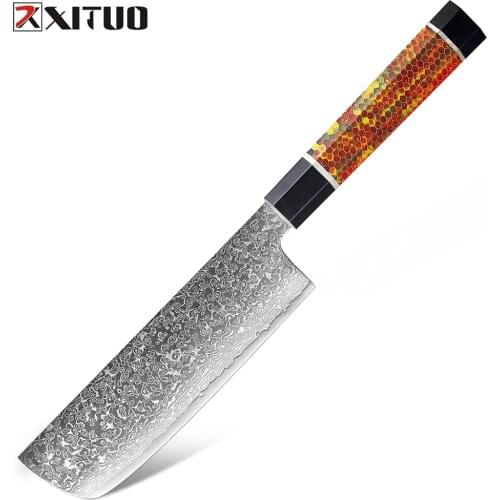 XITUO Japanese Damascus Steel 7 Inch Nakiri Knife Vegetables Cleaver Cooking Tools Kitchen Knives VG10 Utility Slicing Knives