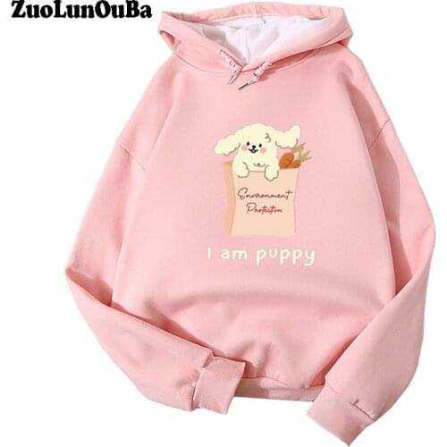 Autumn Winter Women Thick Warm Pink happy Puppy Cartoon Sweatshirt Long Sleeved Hooded Loose Pullover