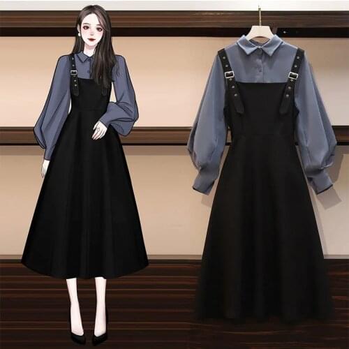 Autumn suit sling dress female plus size new fashion casual lantern sleeve shirt mid-length black sling dress two-piece suit
