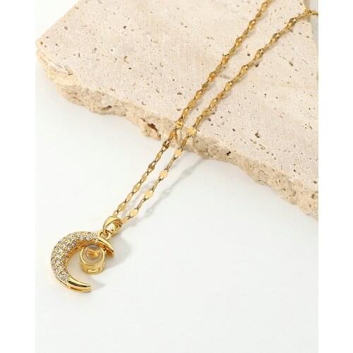 Classic 100 Language I LOVE YOU Full Zircon Moon Pendant Necklace For Women 18K Gold Plated Stainless Steel Chokers Necklace