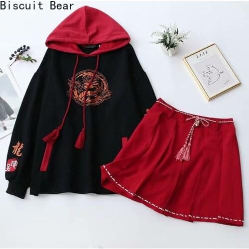 Biscuit Bear Red Embroidery Hooded Sweatshirt Casual Women Two Piece Sets Winter Hight Waist Mini Skirts Ladies Suits Outfit