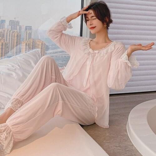 Long Sleeve Retro And Beautiful French Goddess Fairy Modal Pajamas Suit Palace Style Bride Pajamas Home Service