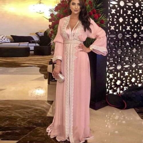 Eightale Arabic Evening Dresses 2020 V-Neck Appliques Caftan Dubai Muslim Pink Kaftan Prom Gown Long Sleeves Formal Party