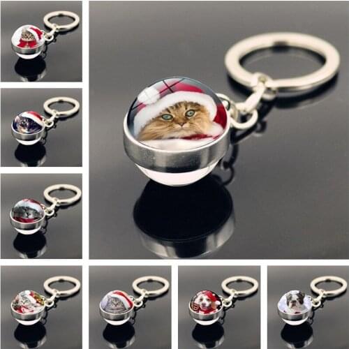 Christmas Cat Dog Crystal Keychain Double Side Glass Ball Pendant Fashion Metal Keychain Car Keyring Key Holder Christmas Gift