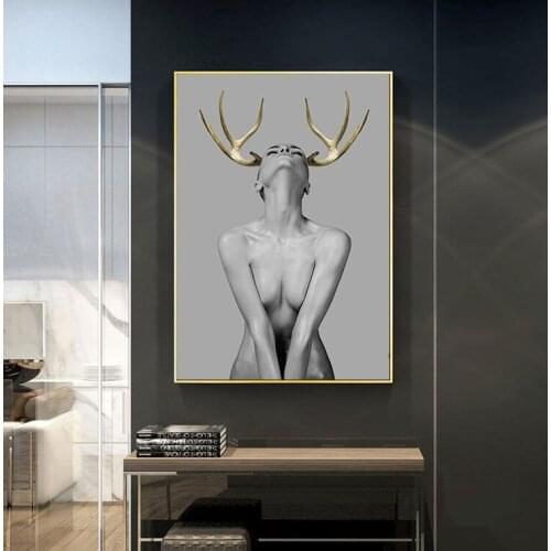 Nordic Antlers Naked Girls Figures Wall Art Canvas Painting Wall Poster for Living Room Decoration Pictures Frameless
