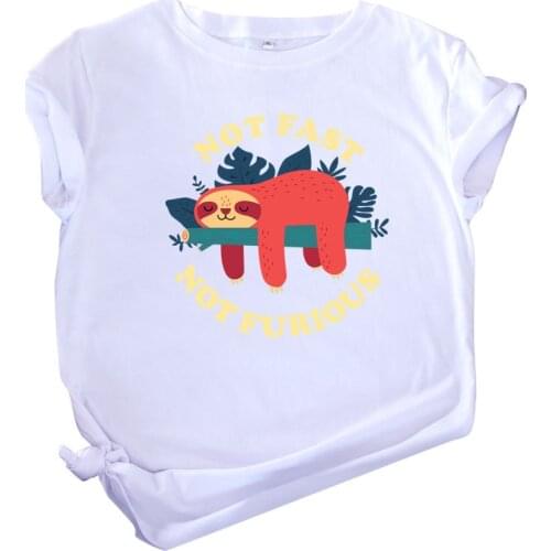 MK Not Fast Not Furious Letter Printing Tshirts Women 2021 Summer Funny Sloth Short Sleeve Tops Tees Female Oversized T Shirt