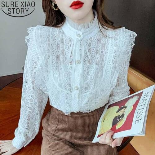 Vintage Long Sleeve Women Blouses White Blouses French Elegant Bow Tie Lace Blouse Women Tops Stand Collar Pleated Clothes 17029