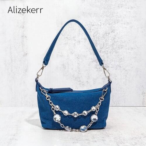 Crystal Chain Underarm Denim Shoulder Bag Women 2021 Vintage Rhinestone Hobo Diamond Purses And Handbags Ladies Luxury Designer